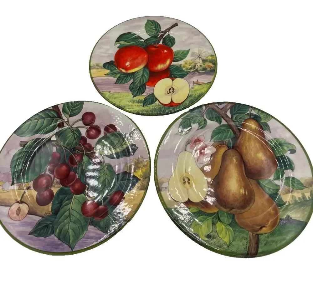 Villa d’Este Italy Fruit Salad Plates – Pear Apple Cherry Set of 3 Vintage 8.5